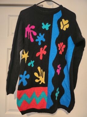 Vintage 90s Liz Claiborne Abstract Art Knit Colorblock Sweater